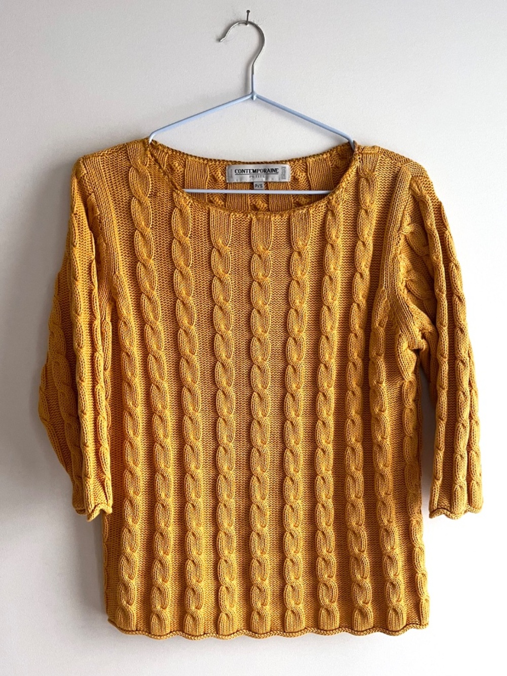 Vintage cotton boatneck cable knit sweater in goldenrod - Small Petite